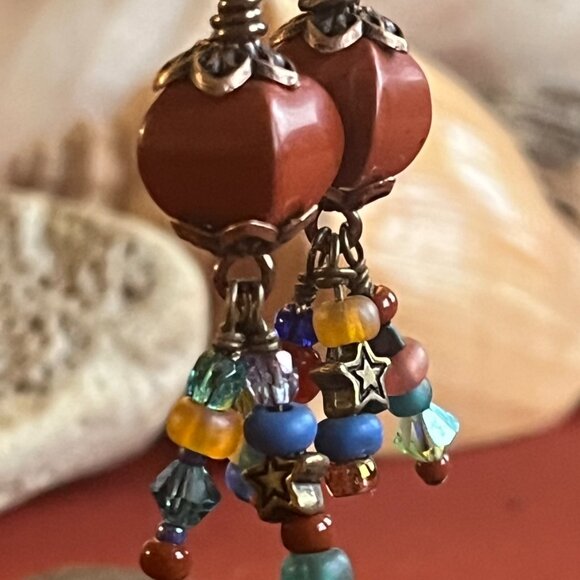 Red Jasper and Multicolor Boho Earrings, Colorful Beads Dangles, Wire Wrapped Ge - Picture 5 of 7